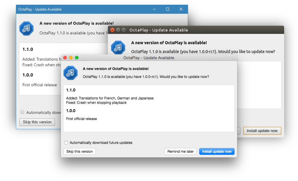 DBLSQD auto-update UI on macOS, Windows and Ubuntu.